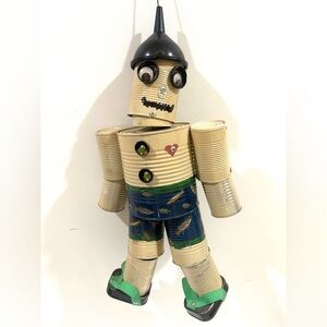 Handmade Outdoor Hanging "Tin Man" Garden Decoration Tin Cans Funnel Fish Themed